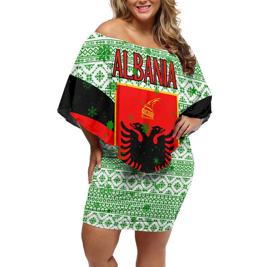 Albania Christmas With Green-red Design, Double-headed Eagle Emblem, And Santa Motif Off Shoulder Short Dress
