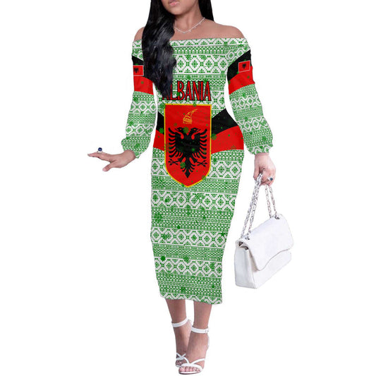 Albania Christmas With Green-red Design, Double-headed Eagle Emblem, And Santa Motif Off The Shoulder Long Sleeve Dress