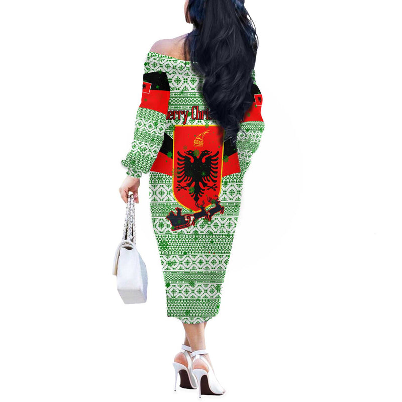 Albania Christmas With Green-red Design, Double-headed Eagle Emblem, And Santa Motif Off The Shoulder Long Sleeve Dress