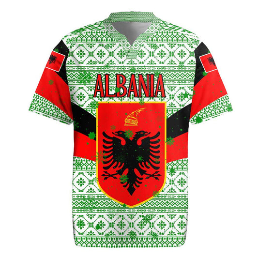 Albania Christmas With Green-red Design, Double-headed Eagle Emblem, And Santa Motif Rugby Jersey