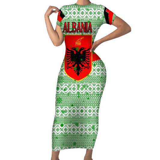 Albania Christmas With Green-red Design, Double-headed Eagle Emblem, And Santa Motif Short Sleeve Bodycon Dress