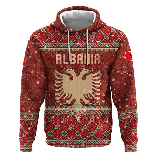 Albania Christmas With Red Geometric Design, Golden Double-headed Eagle, And Santa Motif Hoodie