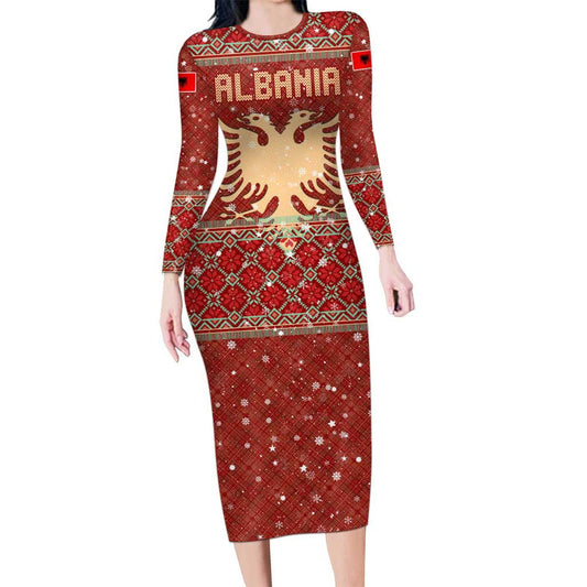 Albania Christmas With Red Geometric Design, Golden Double-headed Eagle, And Santa Motif Long Sleeve Bodycon Dress