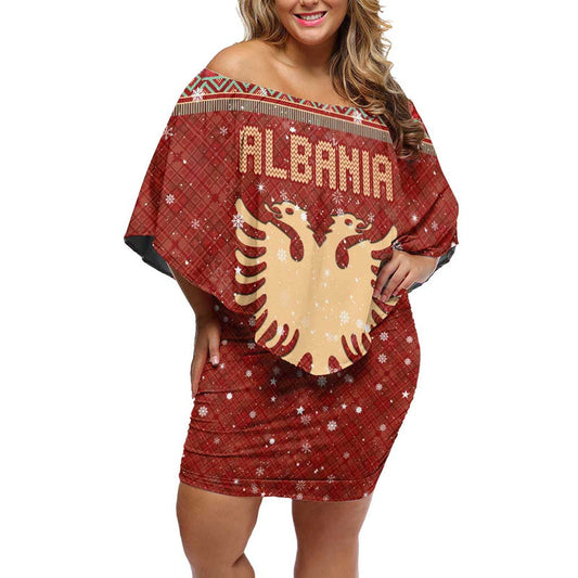 Albania Christmas With Red Geometric Design, Golden Double-headed Eagle, And Santa Motif Off Shoulder Short Dress