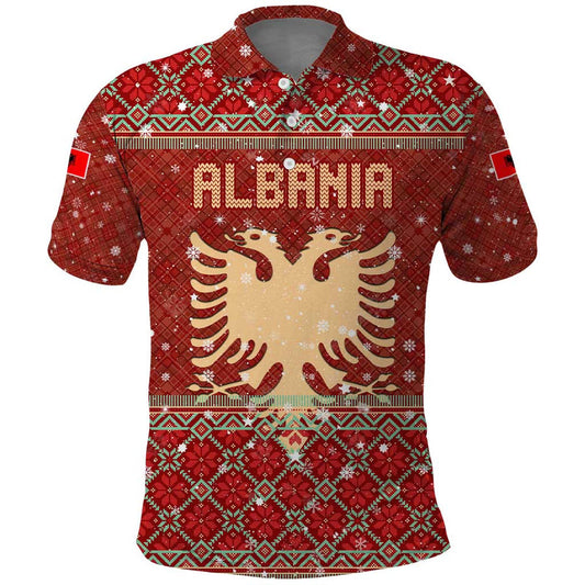 Albania Christmas With Red Geometric Design, Golden Double-headed Eagle, And Santa Motif Polo Shirt