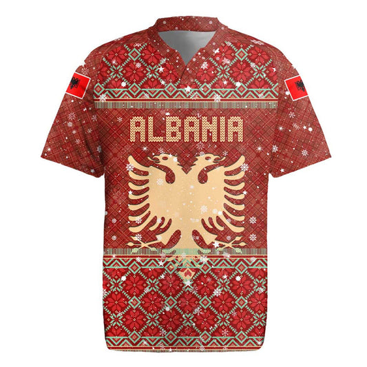 Albania Christmas With Red Geometric Design, Golden Double-headed Eagle, And Santa Motif Rugby Jersey