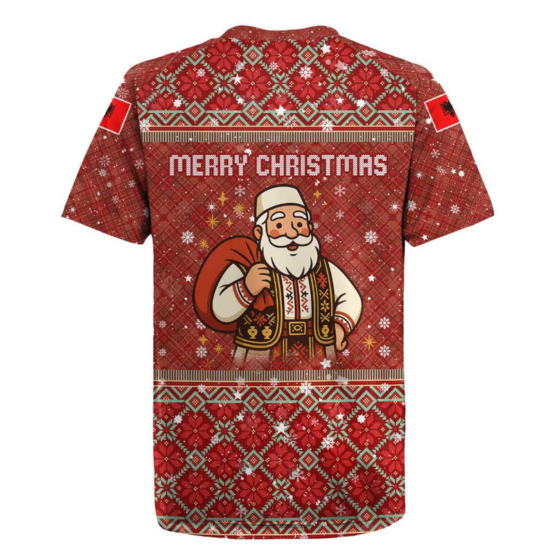 Albania Christmas With Red Geometric Design, Golden Double-headed Eagle, And Santa Motif Rugby Jersey