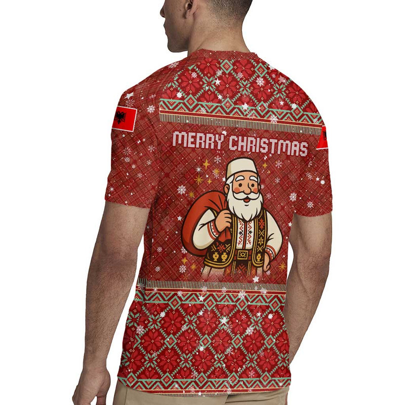 Albania Christmas With Red Geometric Design, Golden Double-headed Eagle, And Santa Motif Rugby Jersey