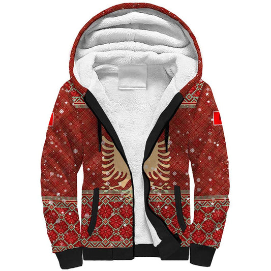 Albania Christmas With Red Geometric Design, Golden Double-headed Eagle, And Santa Motif Sherpa Hoodie