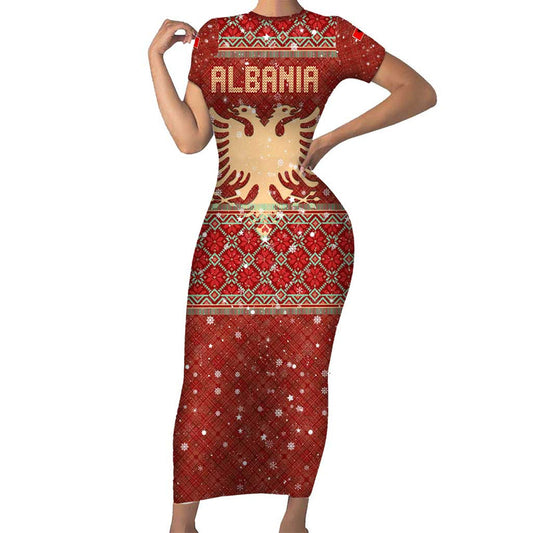 Albania Christmas With Red Geometric Design, Golden Double-headed Eagle, And Santa Motif Short Sleeve Bodycon Dress