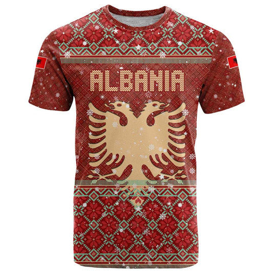Albania Christmas With Red Geometric Design, Golden Double-headed Eagle, And Santa Motif T Shirt