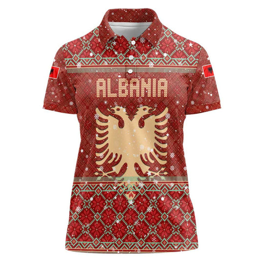 Albania Christmas With Red Geometric Design, Golden Double-headed Eagle, And Santa Motif Women Polo Shirt