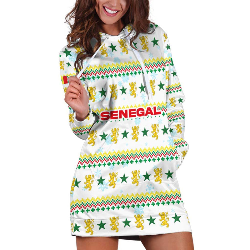 Senegal Christmas With White-green-yellow Design, Golden Lion, And Festive Stars Motif Hoodie Dress