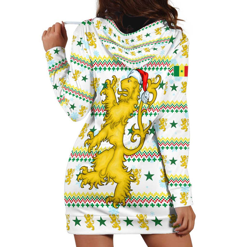 Senegal Christmas With White-green-yellow Design, Golden Lion, And Festive Stars Motif Hoodie Dress