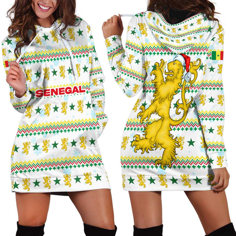 Senegal Christmas With White-green-yellow Design, Golden Lion, And Festive Stars Motif Hoodie Dress