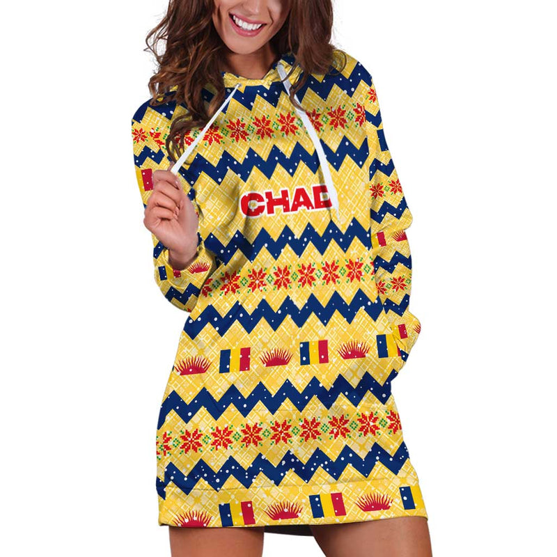 Chad Christmas With Yellow-blue Geometric Design, National Coat Of Arms, And Festive Motif Hoodie Dress
