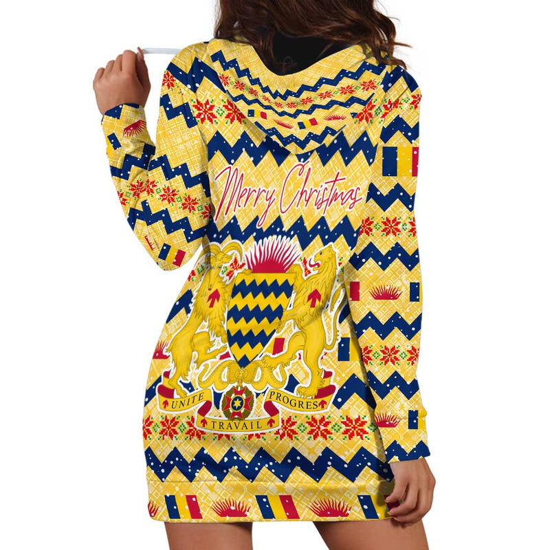 Chad Christmas With Yellow-blue Geometric Design, National Coat Of Arms, And Festive Motif Hoodie Dress