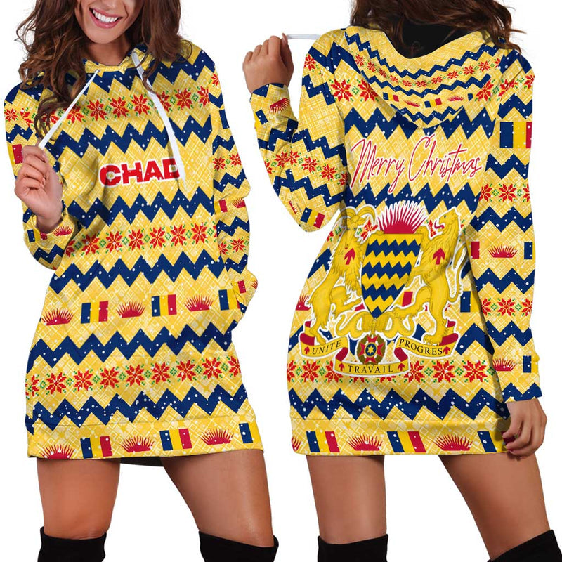 Chad Christmas With Yellow-blue Geometric Design, National Coat Of Arms, And Festive Motif Hoodie Dress