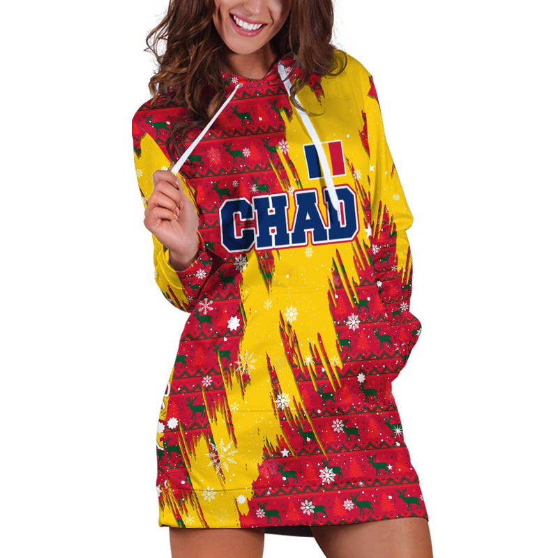 Chad Christmas With Red-yellow Festive Pattern, National Coat Of Arms, And Snowflake Accents Hoodie Dress