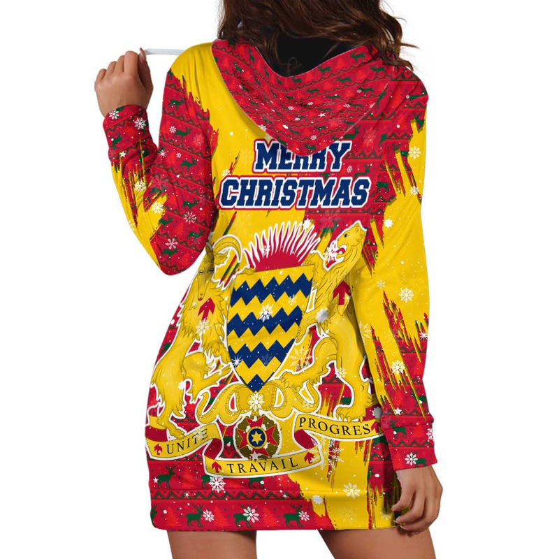 Chad Christmas With Red-yellow Festive Pattern, National Coat Of Arms, And Snowflake Accents Hoodie Dress