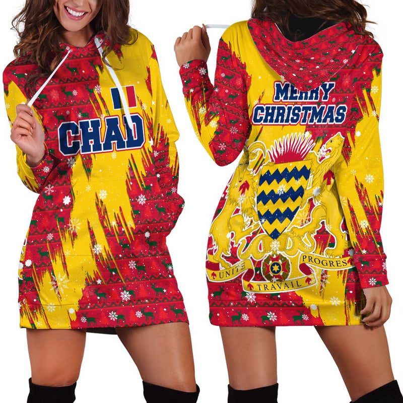 Chad Christmas With Red-yellow Festive Pattern, National Coat Of Arms, And Snowflake Accents Hoodie Dress
