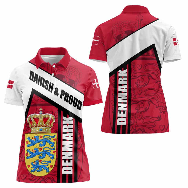 Denmark Danish Coat of Arms, National Flag, Bold Scandinavian Heritage Design Women Polo Shirt
