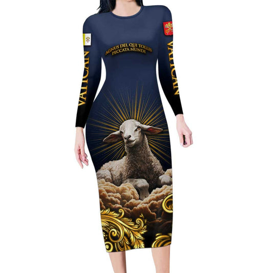 Agnus Dei Lamb Of God Latin Catholic Art With Gold Baroque Accents Long Sleeve Bodycon Dress