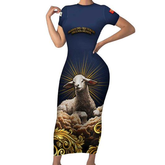 Agnus Dei Lamb Of God Latin Catholic Art With Gold Baroque Accents Short Sleeve Bodycon Dress