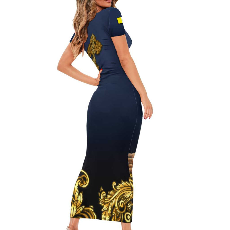 Agnus Dei Lamb Of God Latin Catholic Art With Gold Baroque Accents Short Sleeve Bodycon Dress