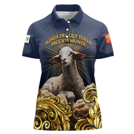 Agnus Dei Lamb of God Latin Catholic Art with Gold Baroque Accents Women Polo Shirt