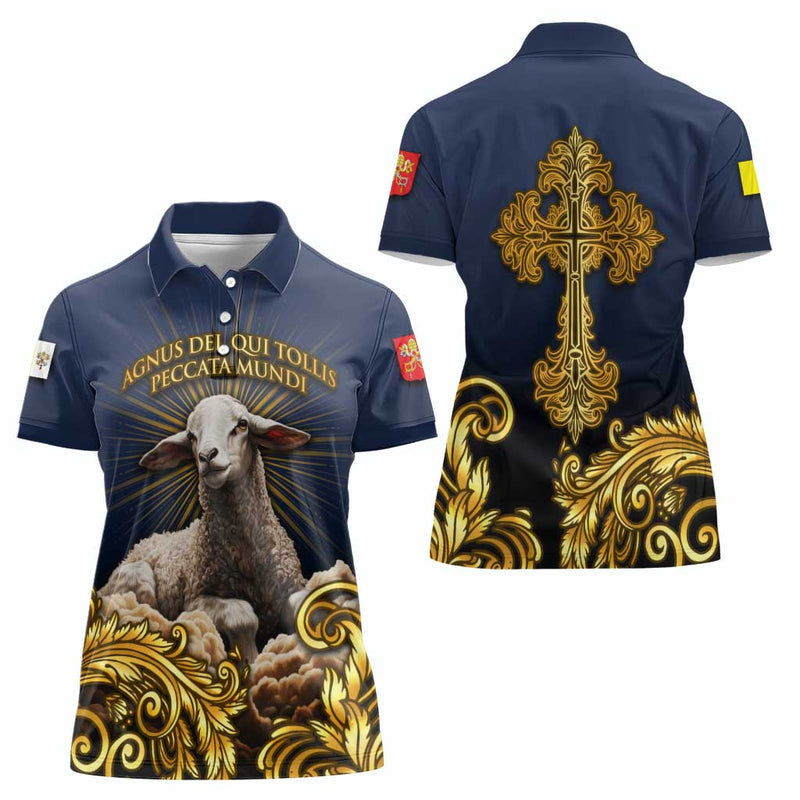 Agnus Dei Lamb of God Latin Catholic Art with Gold Baroque Accents Women Polo Shirt