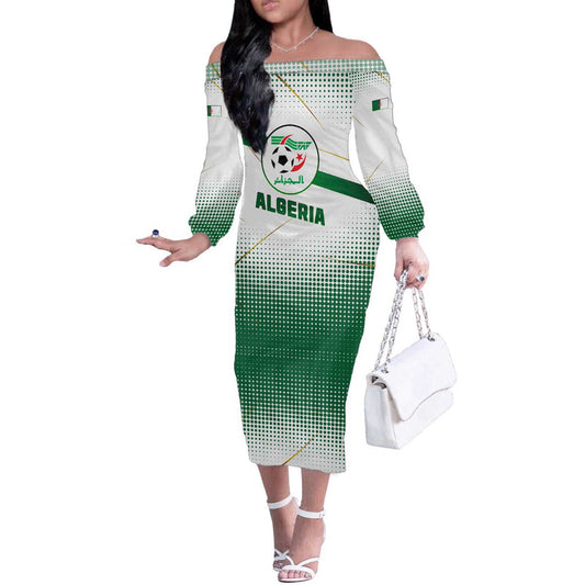 Algeria Soccer With Desert Warriors Text And National Flag Design Off The Shoulder Long Sleeve Dress
