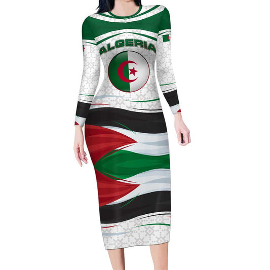 Algeria With National Flag And Coat Of Arms Crest Design Long Sleeve Bodycon Dress