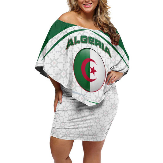 Algeria With National Flag And Coat Of Arms Crest Design Off Shoulder Short Dress