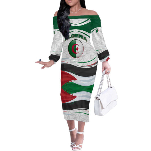 Algeria With National Flag And Coat Of Arms Crest Design Off The Shoulder Long Sleeve Dress