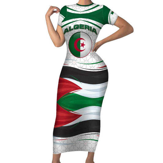 Algeria With National Flag And Coat Of Arms Crest Design Short Sleeve Bodycon Dress