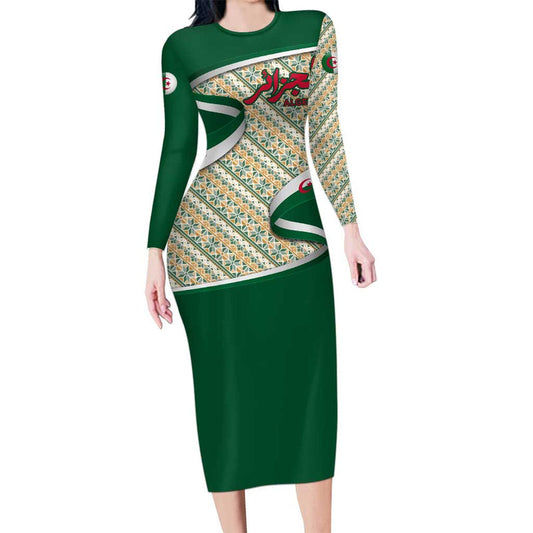 Algeria With Arabic Calligraphy And Traditional Pattern Design Long Sleeve Bodycon Dress