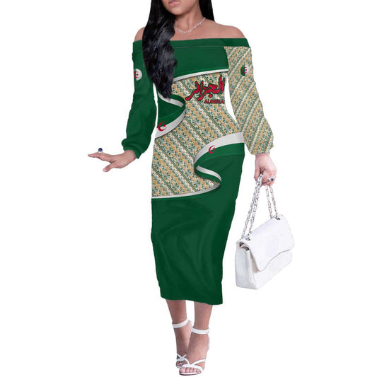 Algeria With Arabic Calligraphy And Traditional Pattern Design Off The Shoulder Long Sleeve Dress
