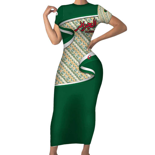 Algeria With Arabic Calligraphy And Traditional Pattern Design Short Sleeve Bodycon Dress