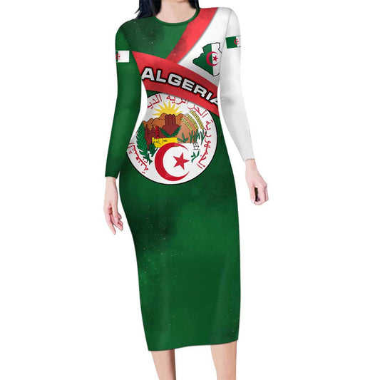 Algeria With National Emblem And Map Design Long Sleeve Bodycon Dress