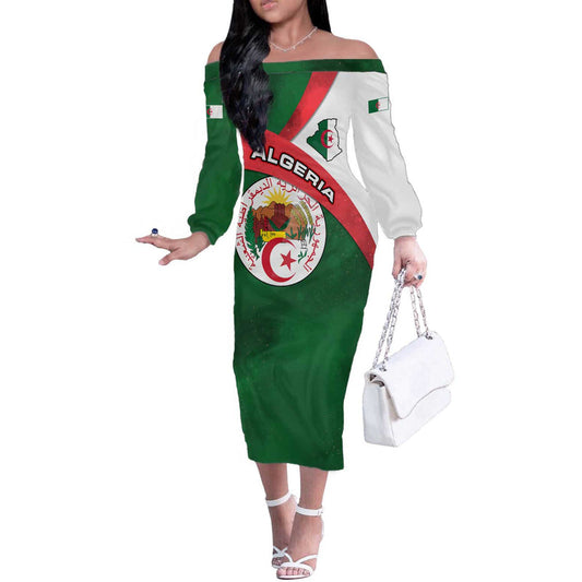 Algeria With National Emblem And Map Design Off The Shoulder Long Sleeve Dress