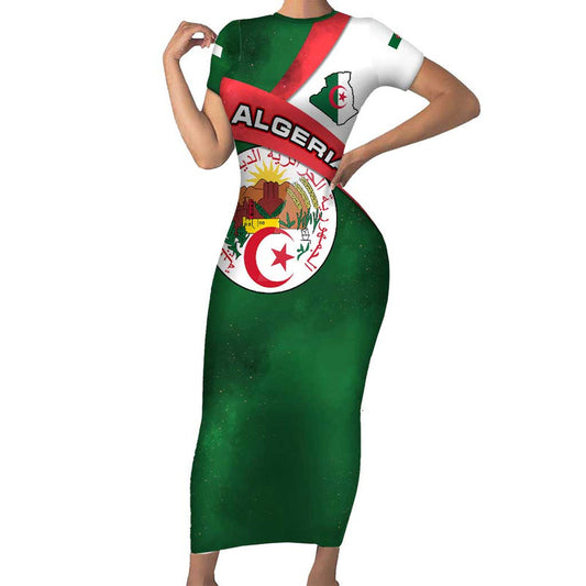 Algeria With National Emblem And Map Design Short Sleeve Bodycon Dress