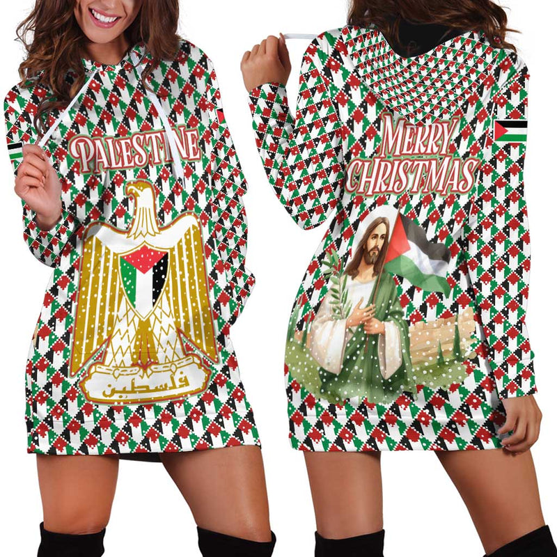 Palestine Christmas With Red-green Pattern, Golden Eagle Emblem, And Jesus Holding Flag Motif Hoodie Dress