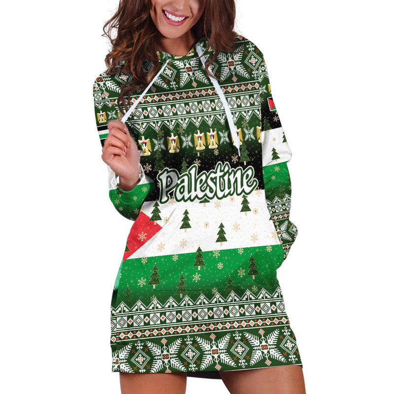 Palestine Christmas With Green-white Theme, Tree Ornaments, And Nativity Scene Motif Hoodie Dress