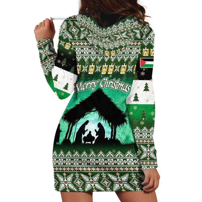 Palestine Christmas With Green-white Theme, Tree Ornaments, And Nativity Scene Motif Hoodie Dress