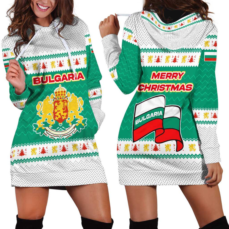 Bulgaria Christmas With Green-white Theme, Coat Of Arms, And National Flag Motif Hoodie Dress