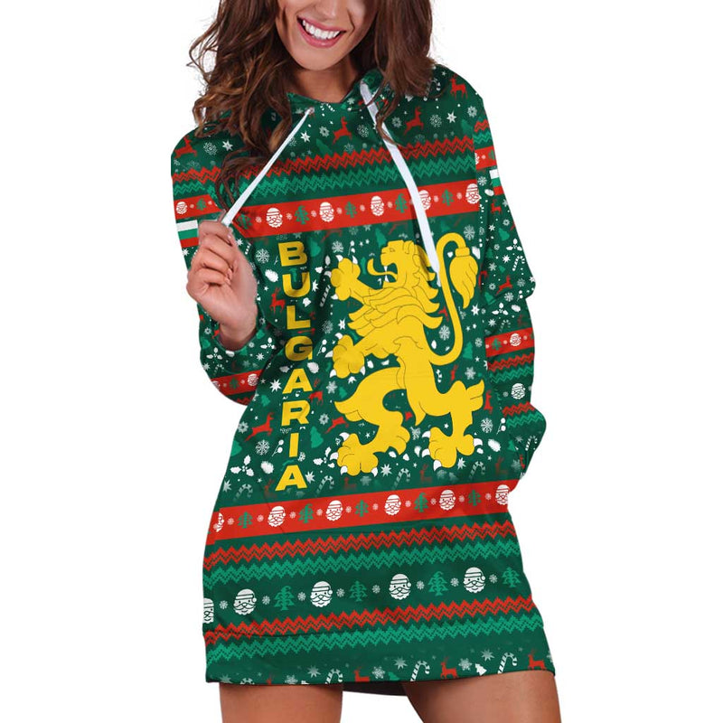 Bulgaria Christmas With Green-red Theme, Golden Lion, And Santa Sleigh Motif Hoodie Dress