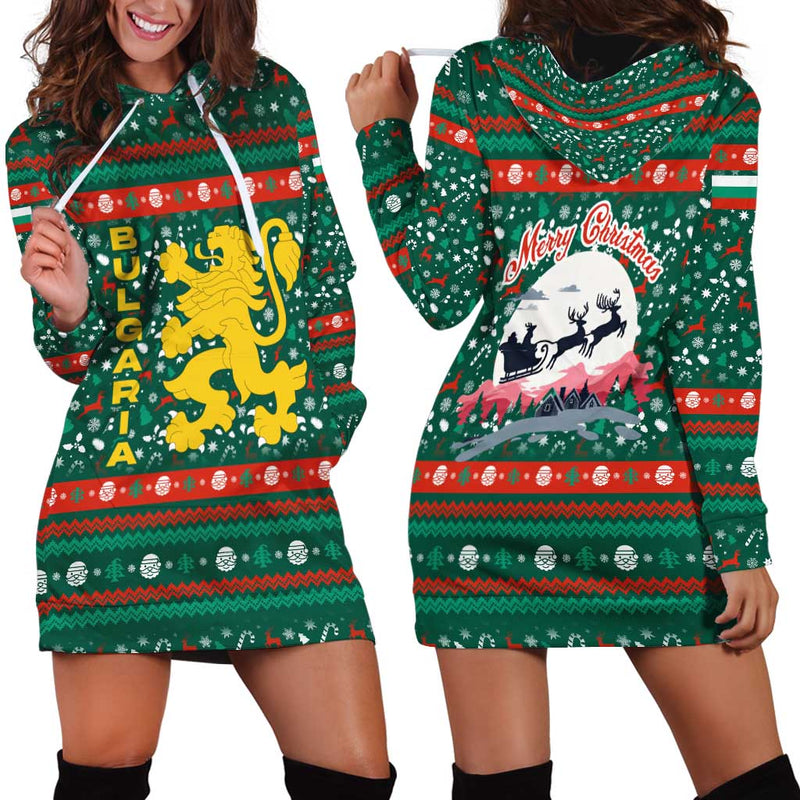 Bulgaria Christmas With Green-red Theme, Golden Lion, And Santa Sleigh Motif Hoodie Dress