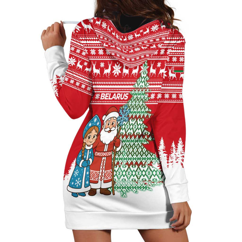Belarus Christmas With Ded Moroz Snow Maiden Christmas Tree And Nordic Pattern Design Hoodie Dress
