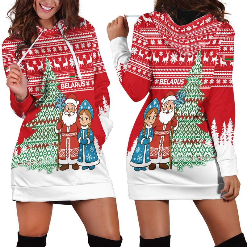 Belarus Christmas With Ded Moroz Snow Maiden Christmas Tree And Nordic Pattern Design Hoodie Dress